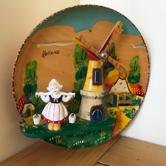 Holland Wooden 3D Wall Hanging Dutch Girl & Windmill 5152 DAMAGED Music Box - Picture 1 of 10